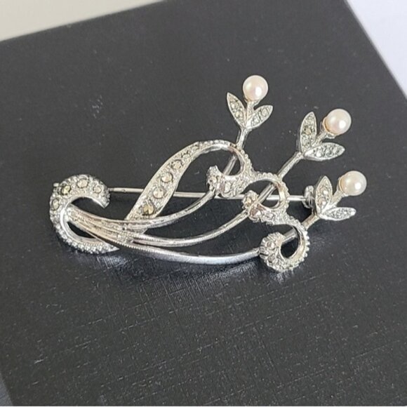 Vintage Boho Sterling Silver Marcasite Crystal Pearl Flower Brooch Pin - Picture 10 of 10